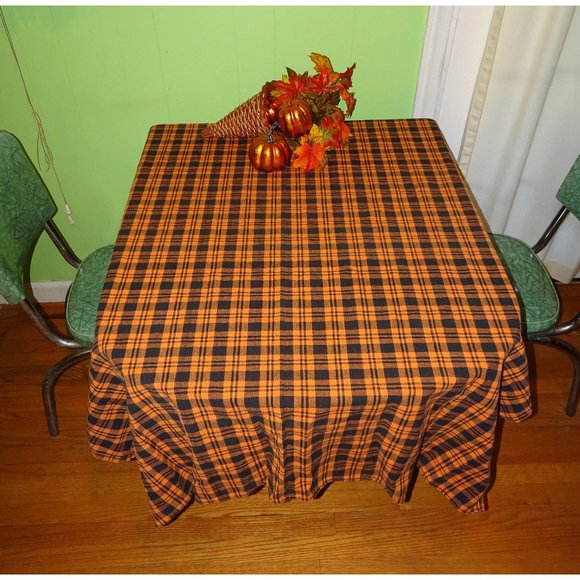 Vintage Orange & Black Plaid Tablecloth Thanksgiving autumn decor fall halloween
